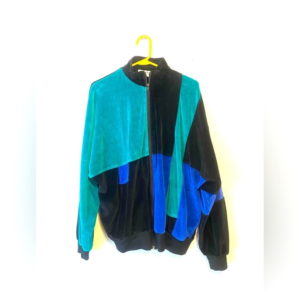 80’s Velvet/Fleece Zip Up‎ Track Jacket Westbound Turquoise Black XL Colorblock